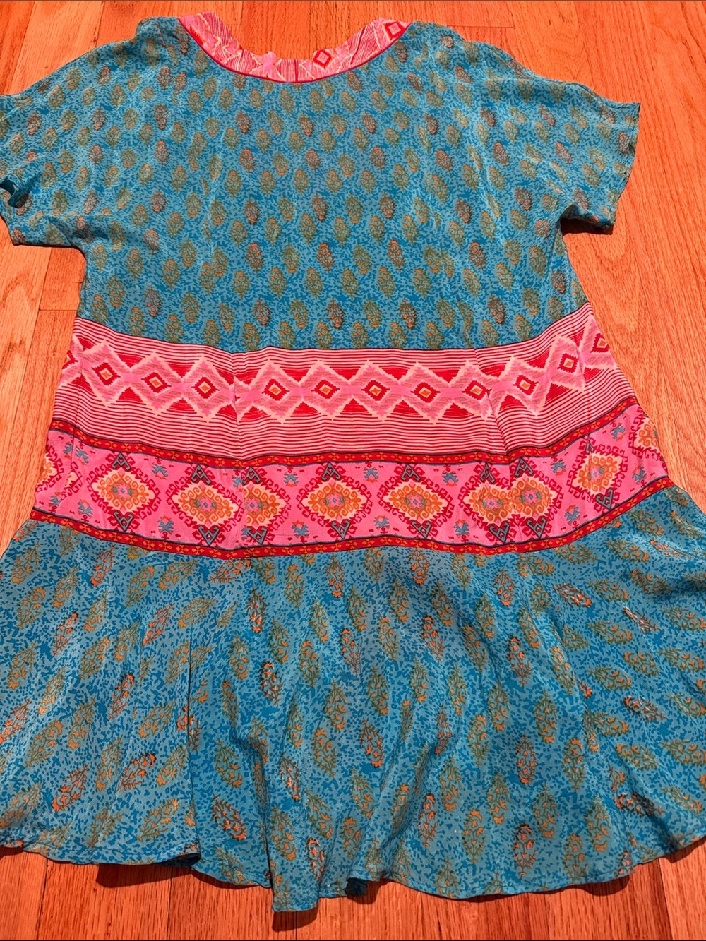 Tolani 100% Silk Boho Luxe Tunic Dress Turquoise Pink Geometric Ruffle Hem Small - Picture 11 of 15